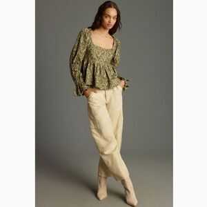 Anthropologie Green Floral Peplum Blouse